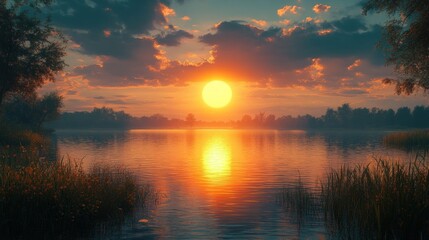 Obraz premium Sunset over calm lake, fiery sky.