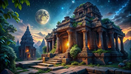 Night Photography Ancient Temple Ruins, Mystical Asian Architecture, Starry Sky, Illuminated Stone Carvings, Dark Atmosphere, Ancient Civilization