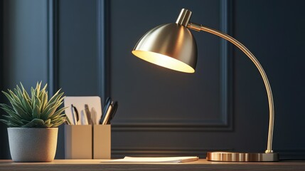 A workspace with a modern gold metal desk lamp, beside a pot of succulents and stationery.