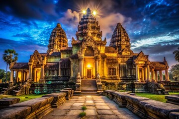 Fototapeta premium Night Photography: Angkor Wat Temple Front Entrance Detail, Cambodia