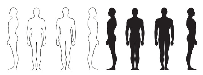 solid silhouette man standing front side from back outline