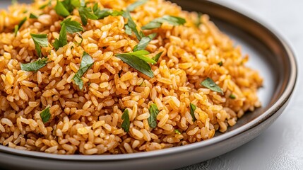 Slow cook enhances rice grains. Delicious spiced rice dish garnished with fresh herbs.