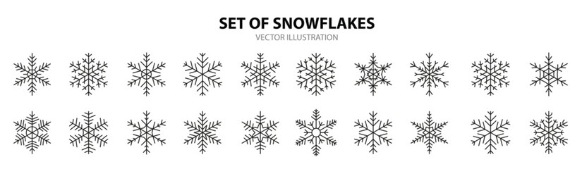 snowflakes black line set different shape outline winter ice crystal ornament symbol decor