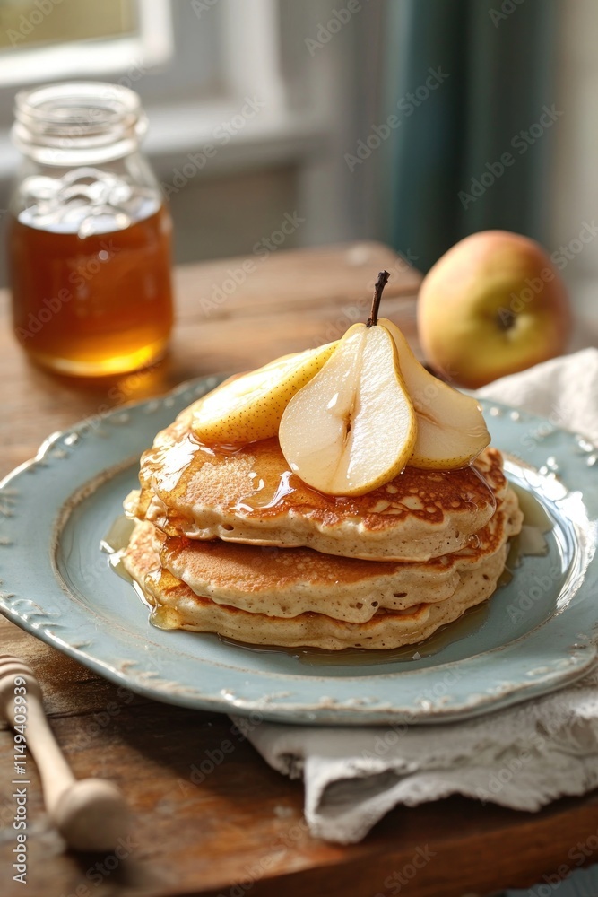 Poster stacked pancakes topped with pear slices and honey, wooden table.