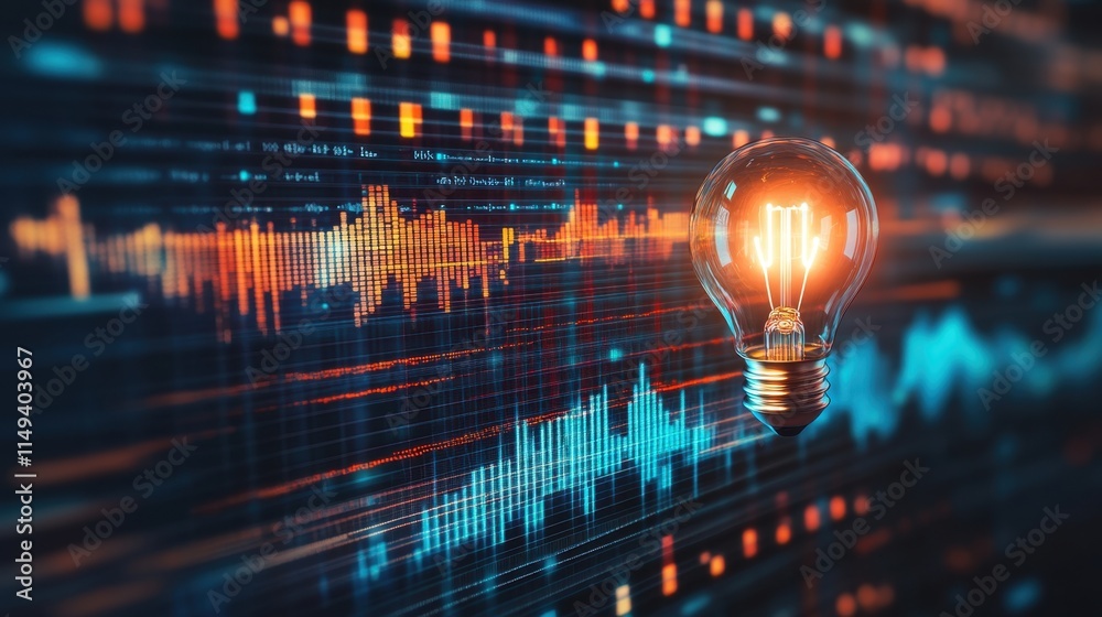 Wall mural light bulb illuminating data visualization on modern background