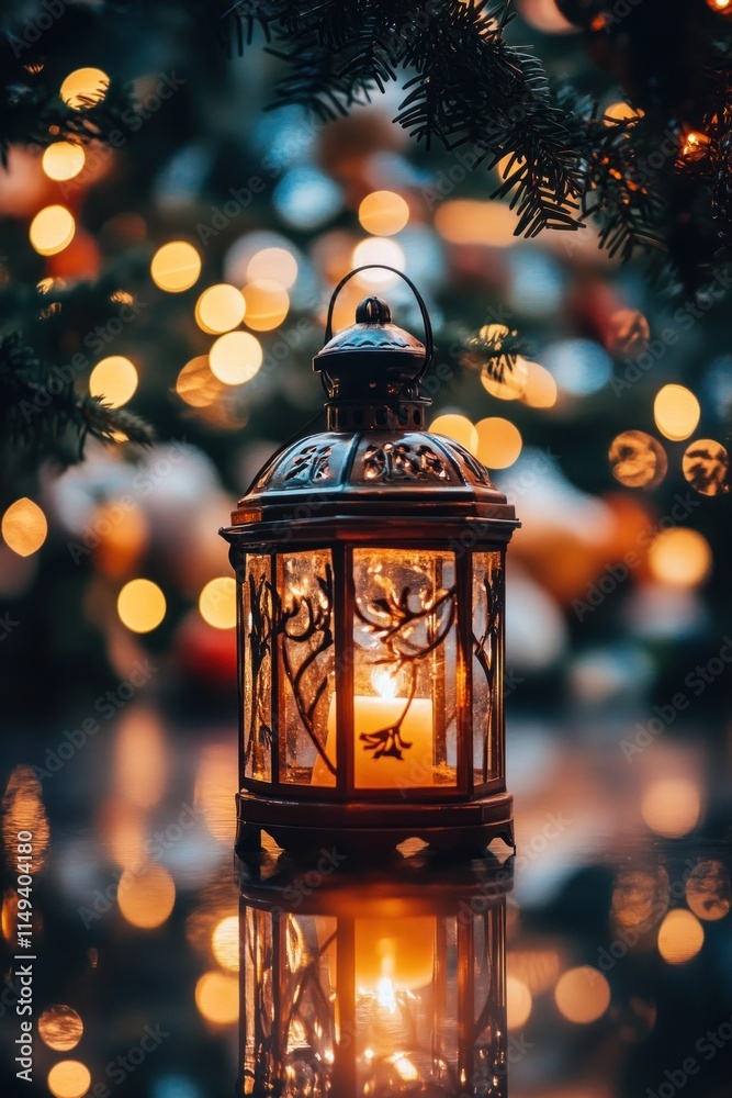 Aufkleber lit candle inside lantern against bokeh christmas tree.