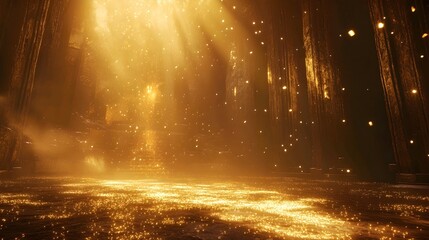 Golden light rays shining down on the ground, creating an enchanting and magical atmosphere. The background is dark with a blurred, golden dust particle background.