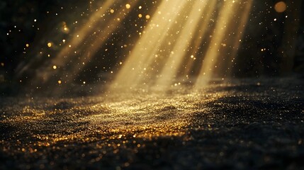 Golden light rays shining down on the ground, creating an enchanting and magical atmosphere. The background is dark with a blurred, golden dust particle background.