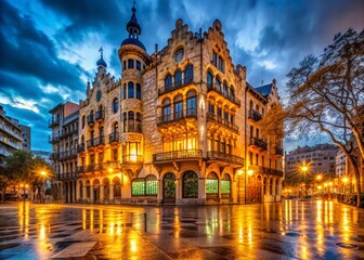 Fototapeta premium Night Photography: Catalan Modernism Architecture, Illuminated Buildings, Barcelona Night Scene, Rocamora Lleo Style, Historic Building Facade, City Nightscape