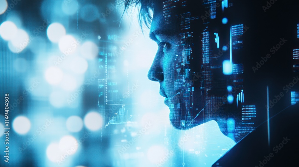 Fototapete Man's profile with data overlay, blurred bokeh background.