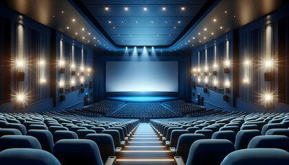 Billboard A large, empty movie theater with blue seats, a bright aisle, and a blank screen at the front The t2