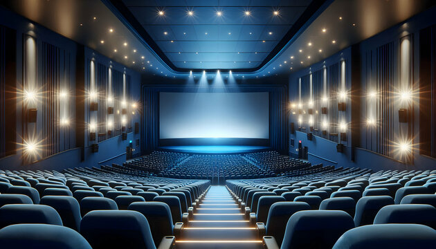 Billboard A large, empty movie theater with blue seats, a bright aisle, and a blank screen at the front The t2