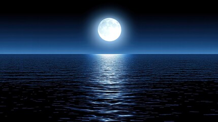Full Moon Over Calm Ocean at Night