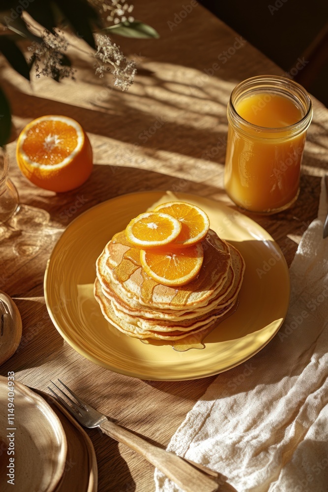 Poster Stacked pancakes with orange slices and juice.