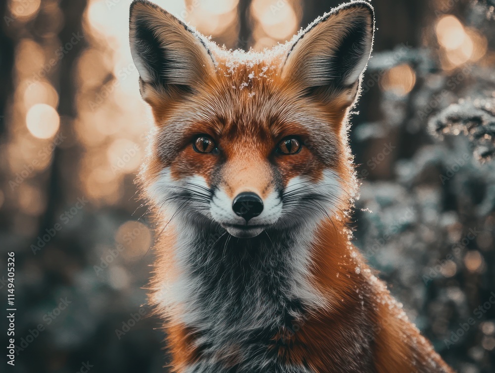 Aufkleber fox face with snowy fur in a blurred, bokeh forest.