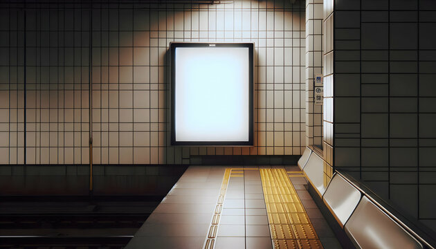 Billboard A close-up of a blank advertisement board on a tiled subway wall, illuminated by a soft light The y1