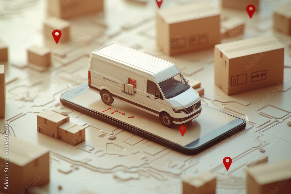 Poster delivery van on phone screen surrounded by boxes with location pins.