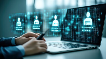 Connecting to the future, person using laptop for online collaboration with diverse team