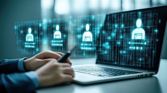 Connecting to the future, person using laptop for online collaboration with diverse team