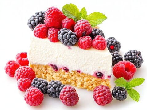 A slice of cheesecake topped with fresh raspberries and blackberries, surrounded by berries.