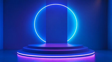 Colorful neon circle backdrop with illuminated steps for events and presentations. 