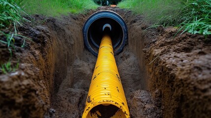 Yellow pipeline laid underground. Technics for trenchless utility installation. Expert contractors use advanced pipeline tech. Innovative solution for compact installation. Project demonstrates