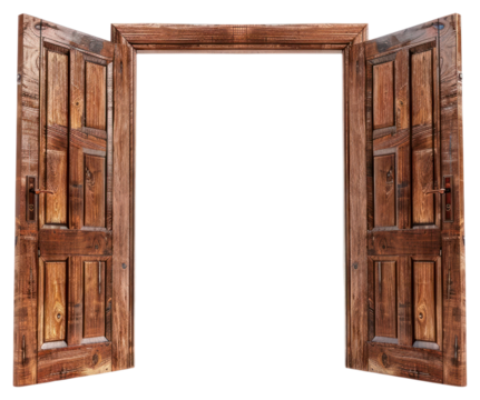 PNG Rustic wooden doors open wide.