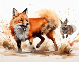 Obraz premium Playful Chase - Fox and Rabbit Interaction