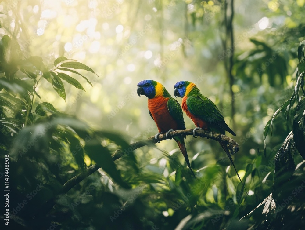 Aufkleber pair of rainbow lorikeets perch on a branch in the jungle.