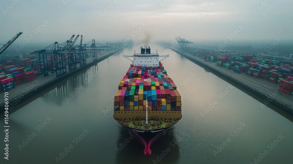 Poster container ship entering port canal on foggy day.