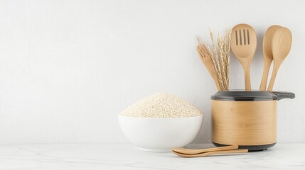 Slow cook enhances rice grains. Rice and wooden utensils on a minimal countertop setting.