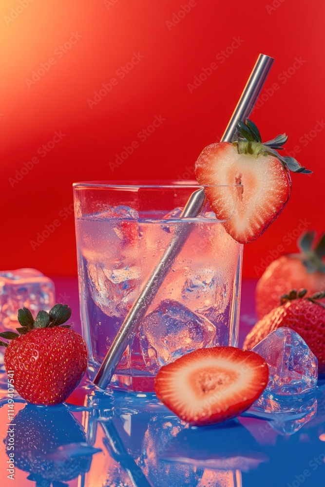 Poster iced drink with strawberry slices and straw.