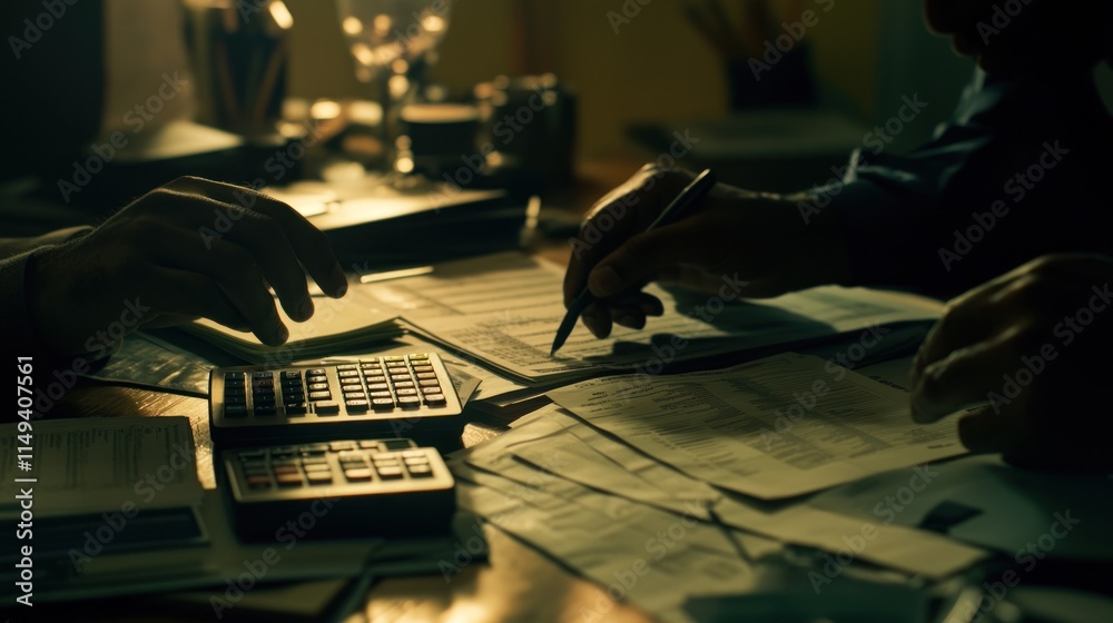 Poster People working, doing calculations on documents with calculators.