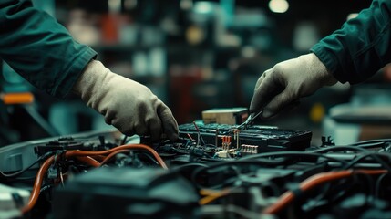 Technician Hands of car mechanic working repair in auto repair Service electric battery and Maintenance of car battery. Check the electrical system inside the car