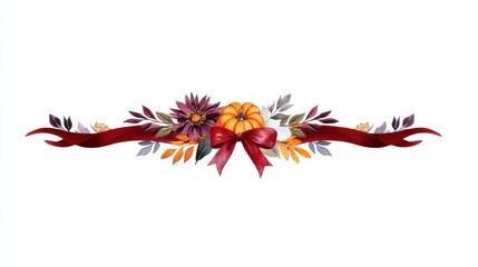 Fototapeta premium Fall floral arrangement with pumpkin and ribbon festive decoration vibrant colors autumn theme horizontal view