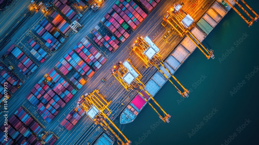 Poster aerial view containers stacked at port with cranes at night.
