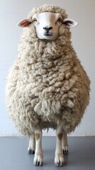 Naklejka premium A realistic sheep sculpture with a fluffy coat, standing upright against a plain background.
