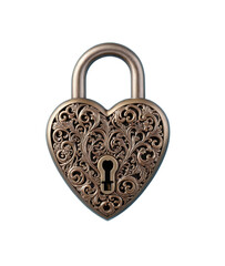 An ornate heart-shaped padlock with intricate vintage patterns and a keyhole at the center. The lock has a metallic finish and exudes an antique, romantic charm.