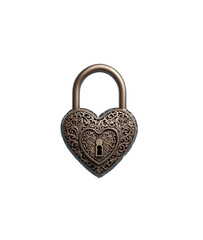 An ornate heart-shaped padlock with intricate vintage patterns and a keyhole at the center. The lock has a metallic finish and exudes an antique, romantic charm.