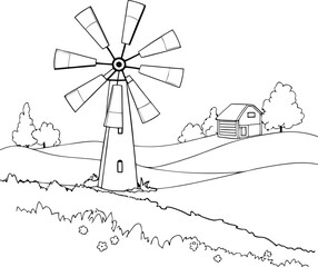 A Windmill In Doodle Style Continuous One Line Art Drawing Illustration
