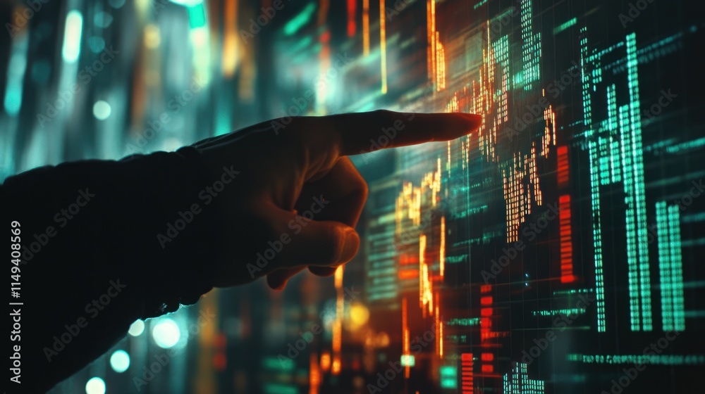 Poster hand points at stock market data display.