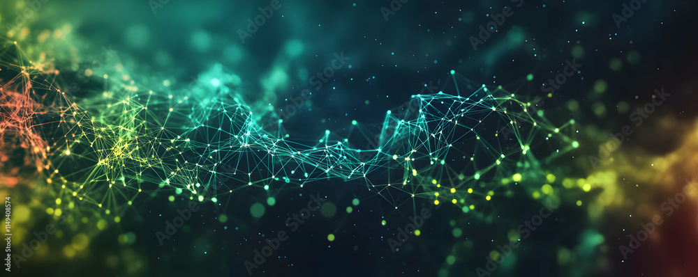 Poster abstract visualization of interconnected nodes and lines representing data flow.