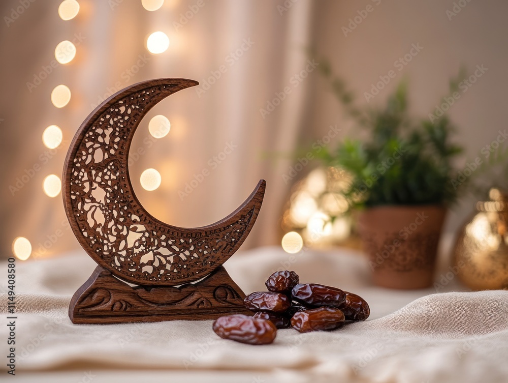 Poster crescent moon decor with dates on table, soft lights.