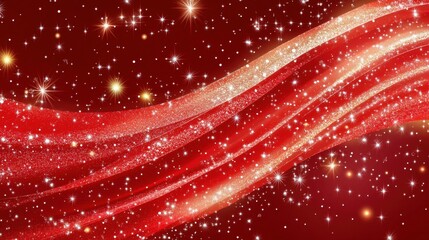Red Glittering Background with Sparkling Stars and Light Waves