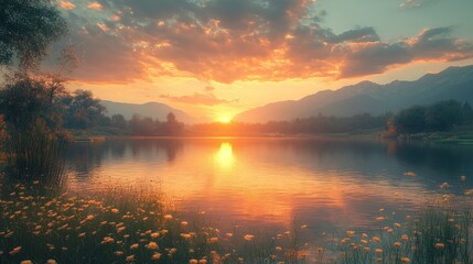 Fototapeta premium Sunset over serene lake, mountains, wildflowers.