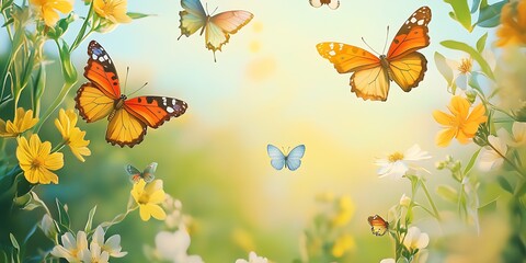Colorful Butterflies Flying Amidst Blooming Yellow Flowers