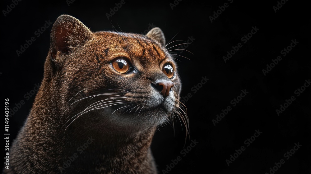 Poster close up portrait of a jaguarundi looking upward with dark background.