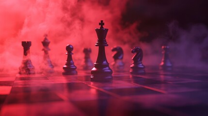 Chess Pieces on Board with Fog and Dramatic Lighting Effects