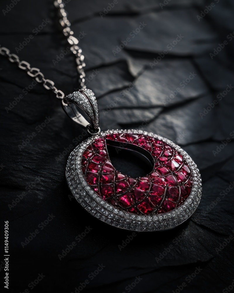 Poster ruby pendant on chain with stones, dark stone backdrop.