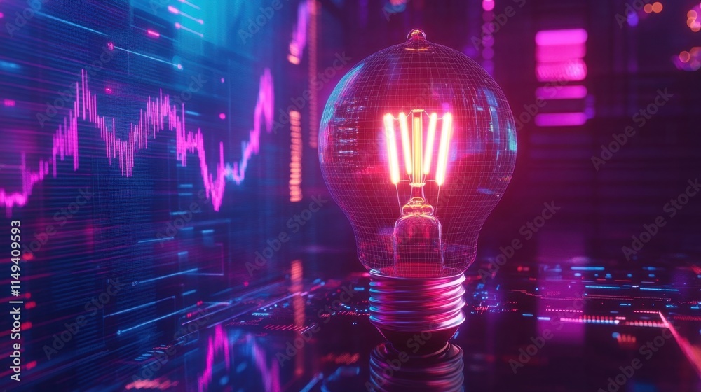 Poster neon light bulb with digital background and colorful graphs